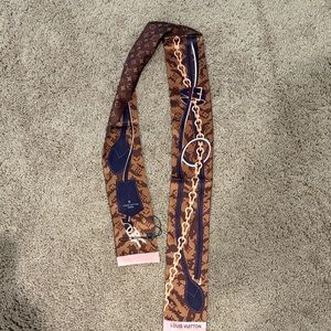 Louis Vuitton Brown & Navy Monogram Silk Twilly with Pink Trim